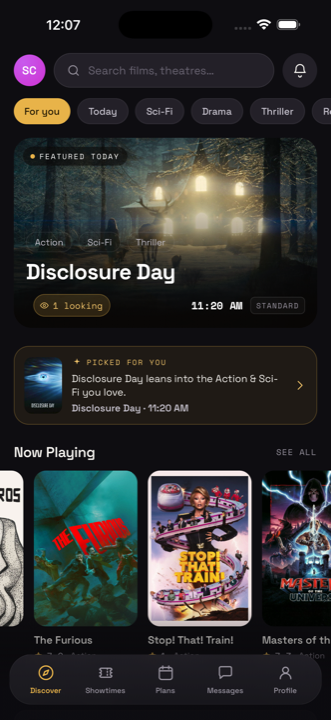 Movigo Discover — tonight's featured film and what's now playing near you