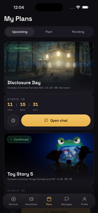 Movigo My Plans — your upcoming cinema outings with a live countdown