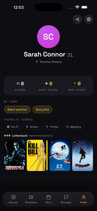 Movigo profile — favourite genres, vibes and a linked Letterboxd